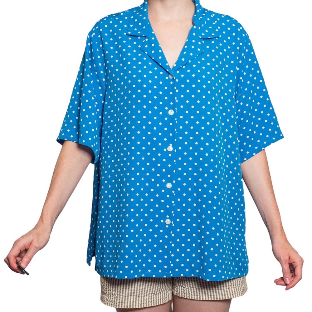 Vintage Blue and White Polka Dot Button Up Top by Bon Worth. Size Large.